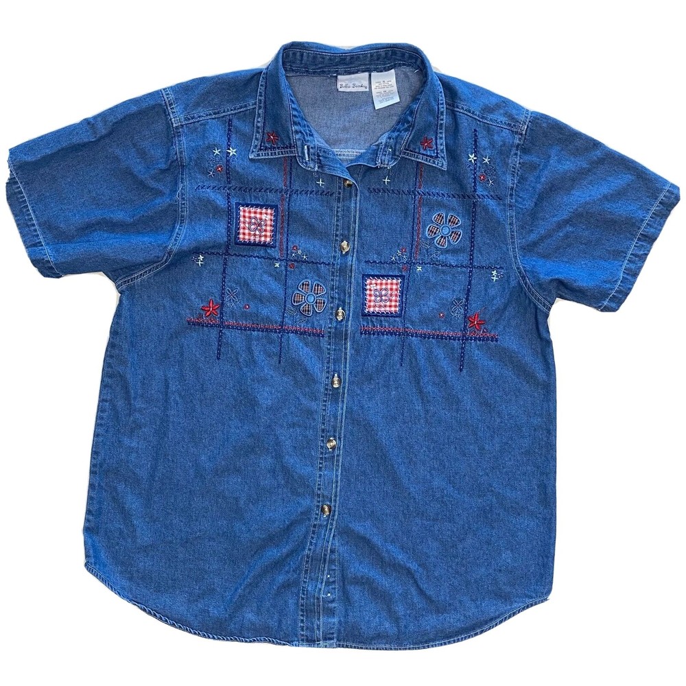 Vintage Bobbie Brooks Embroidered Patchwork Patriotic Floral Blue Denim Shirt XL